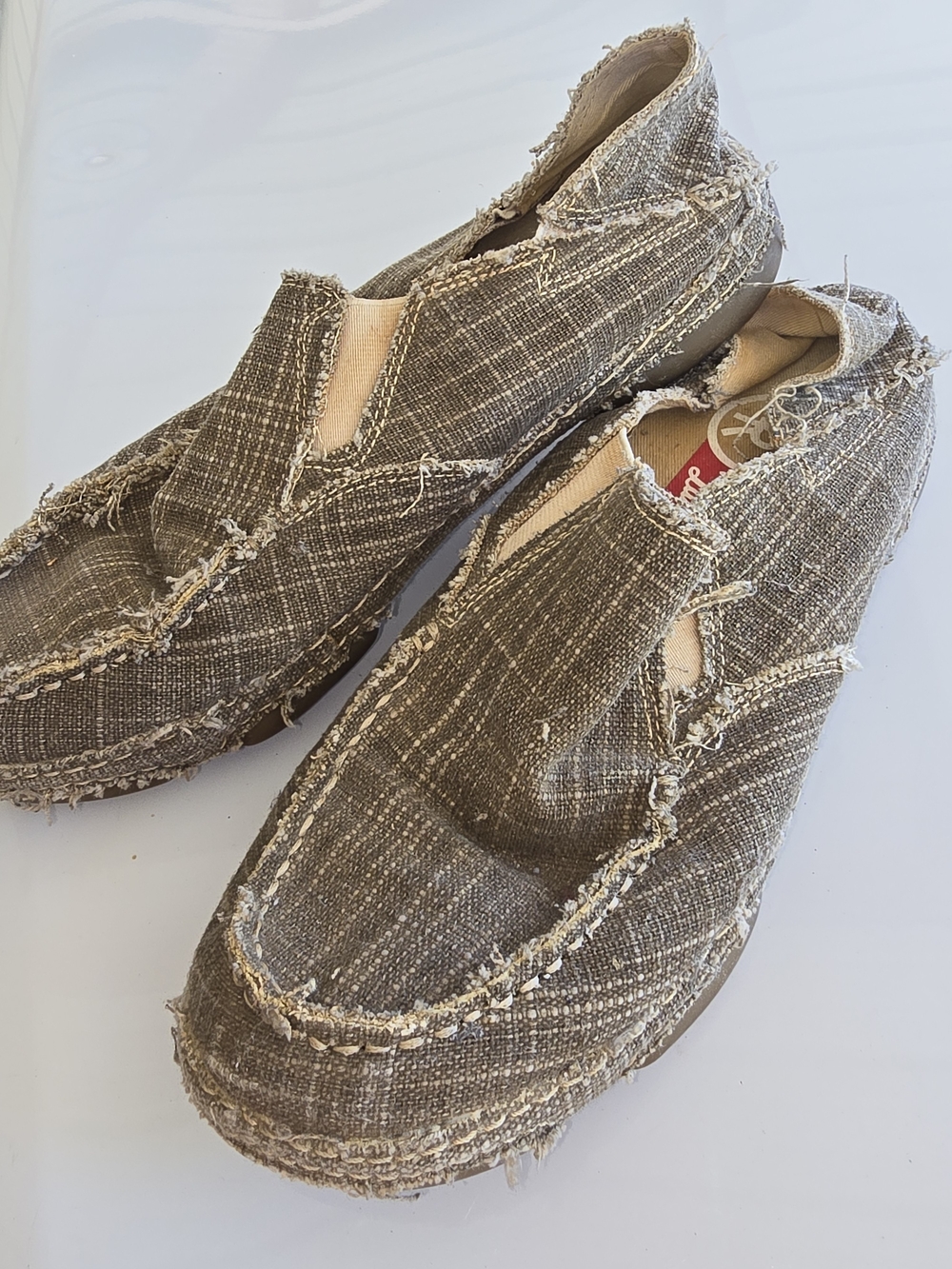 Tony Lama Women's Taupe Frayed Canvas Slip-On Loafers